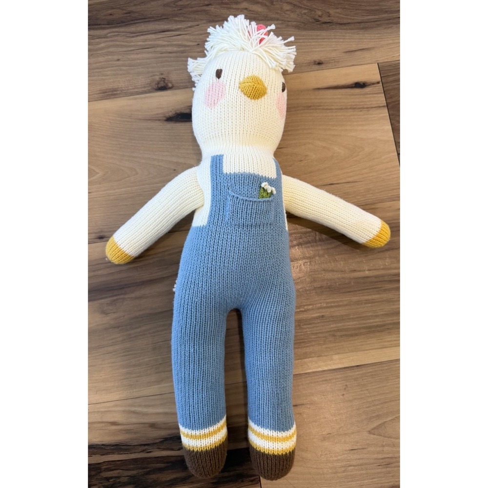 Blabla Kids Benedict The Chicken Knit Doll 20" Cotton Plush Blue Overalls